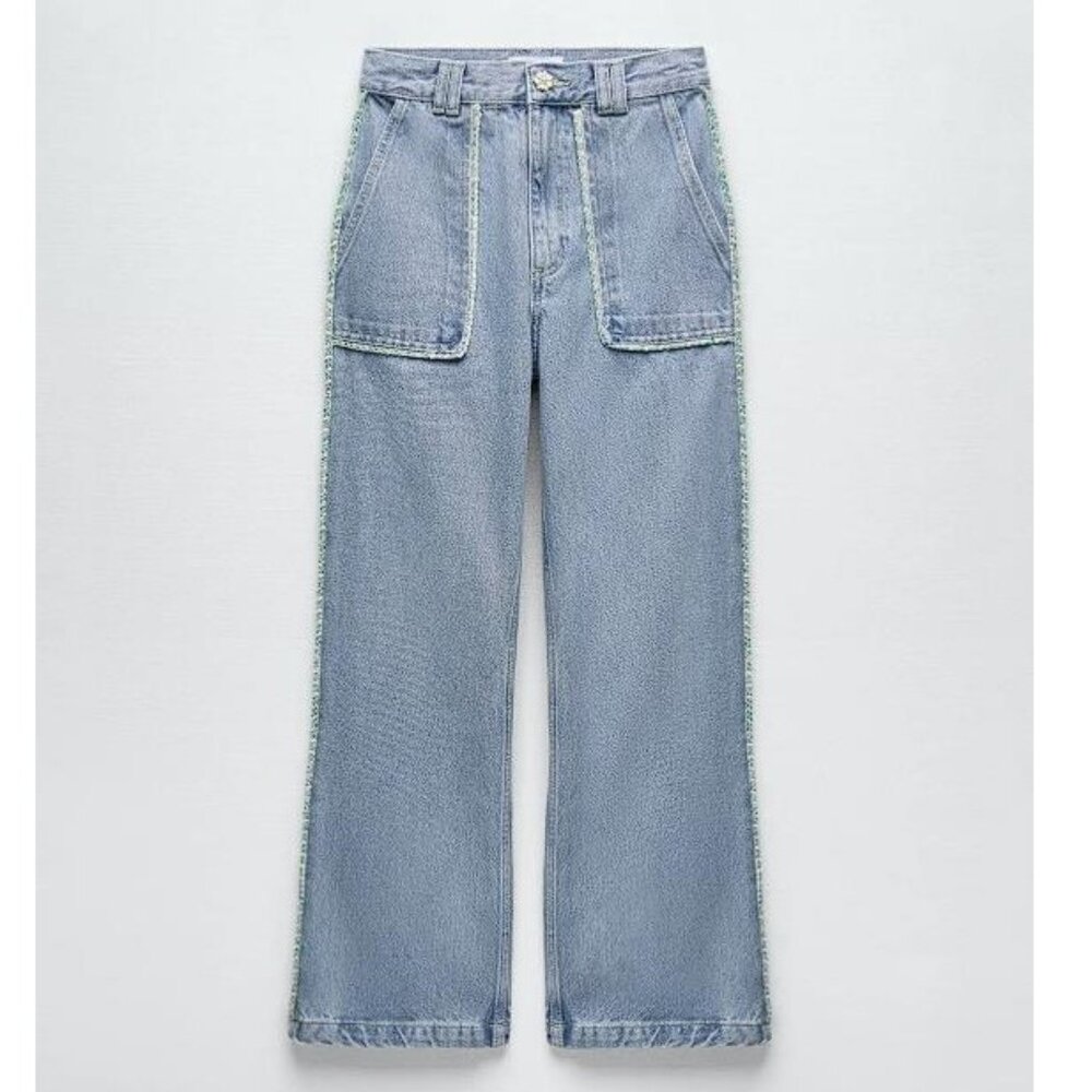 ZARA Women's Tweed Trim Crop Jeans Size 2 In Light Wash